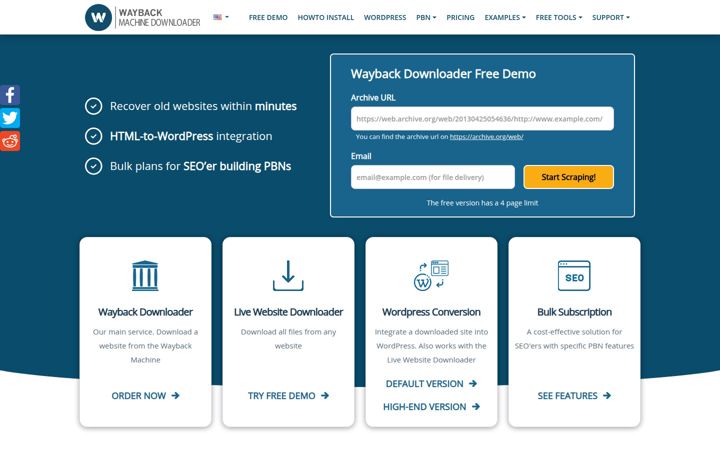 Snímek obrazovky waybackmachinedownloader.com