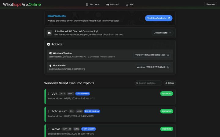 Screenshot von weao.xyz