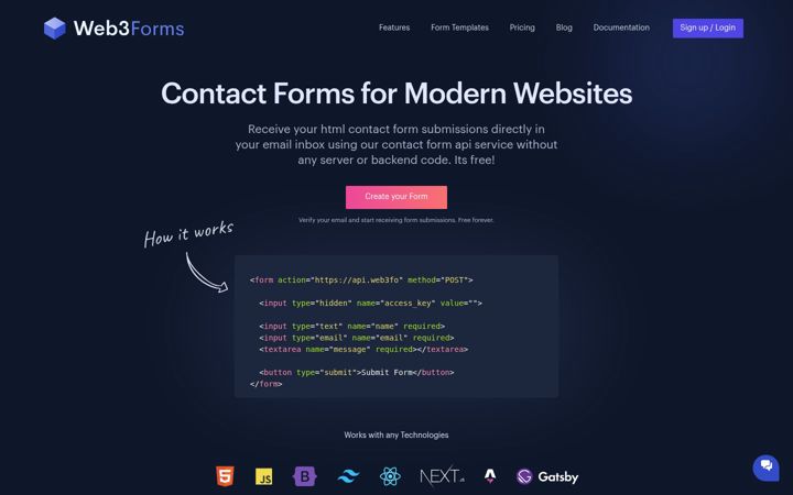 Skärmbild av web3forms.com