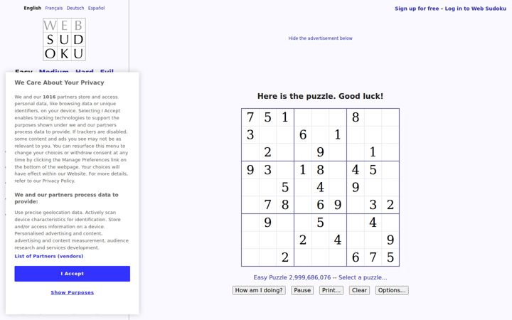 Kuvakaappaus sivustosta websudoku.com