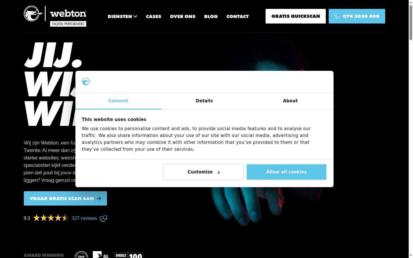 Screenshot del banner di consenso mostrato prima di qualsiasi interazione