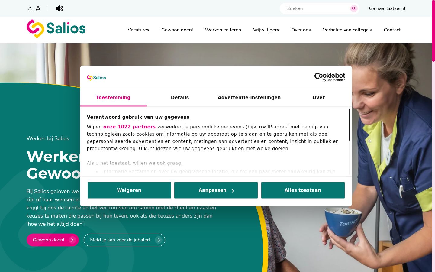 Skärmbild av samtyckesbannern som visades före någon interaktion