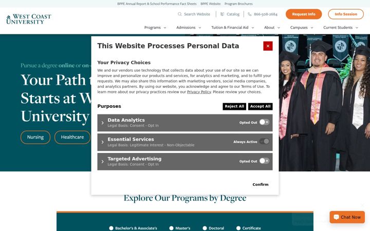 Screenshot van westcoastuniversity.edu