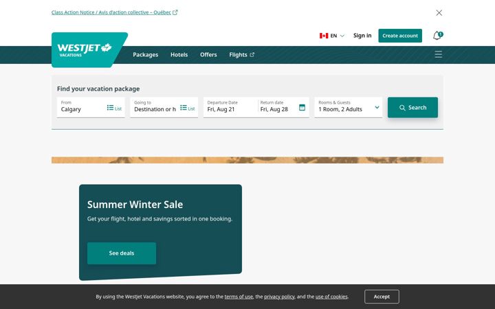 Captura de pantalla de westjetvacations.com