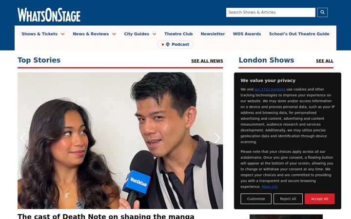 Screenshot of whatsonstage.com