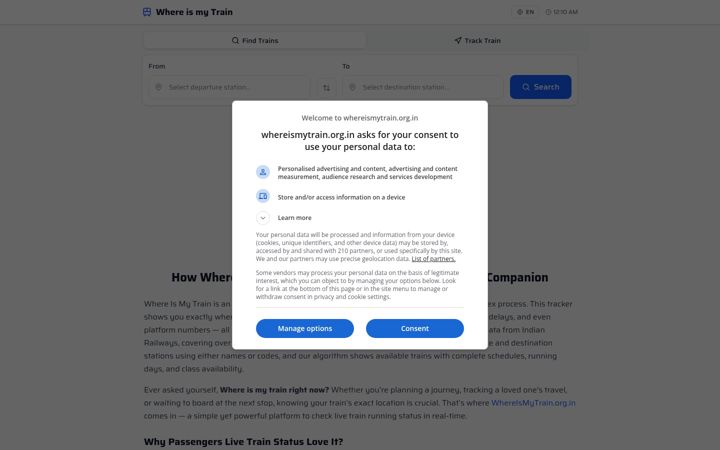 Screenshot of whereismytrain.org.in