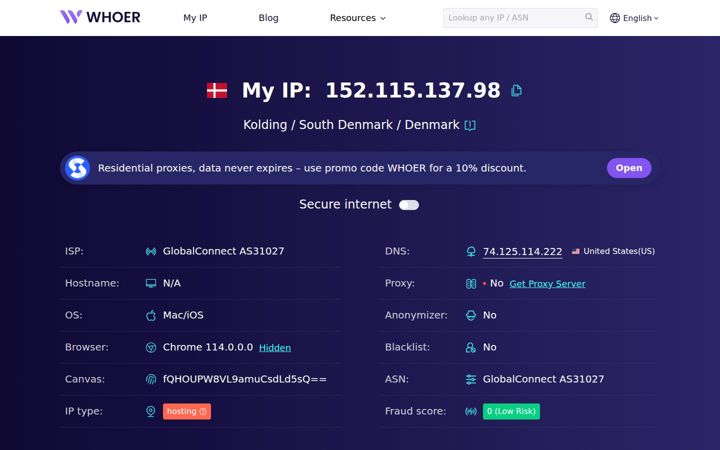 Screenshot of whoer.com