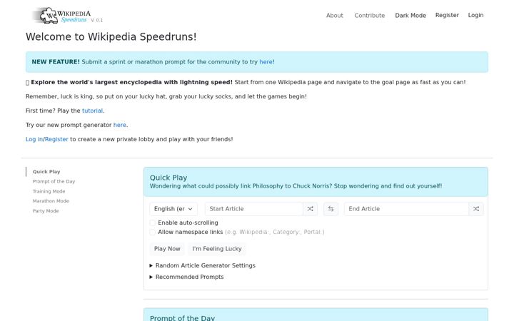 Screenshot of wikispeedruns.com