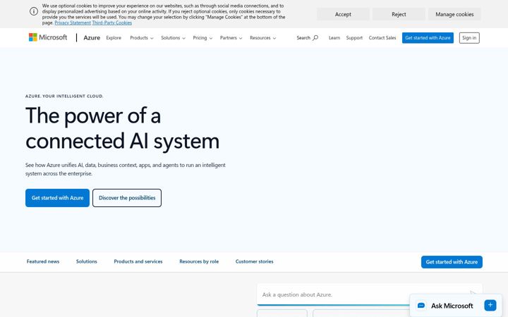 Captura de ecrã de windowsazure.com
