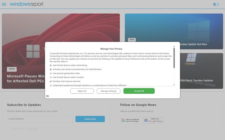Screenshot von windowsreport.com