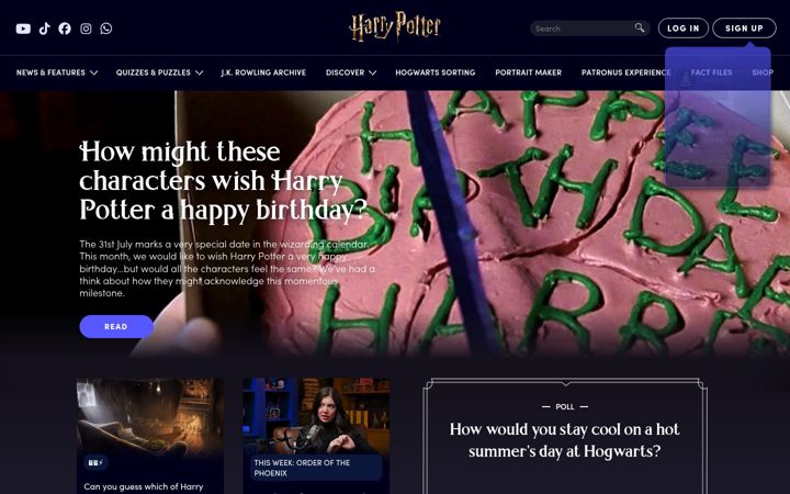 Captura de pantalla de wizardingworld.com