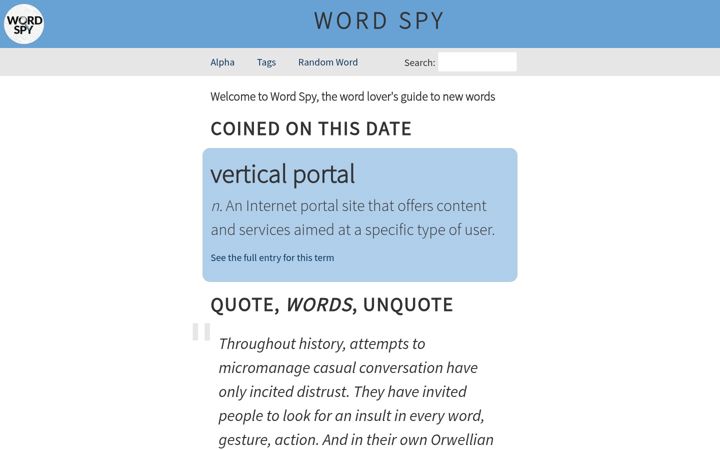 Captură de ecran a wordspy.com