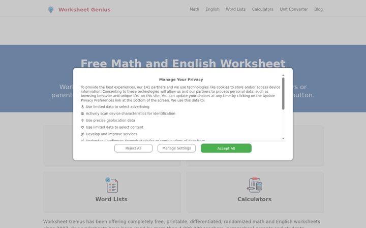 Screenshot of worksheetgenius.com