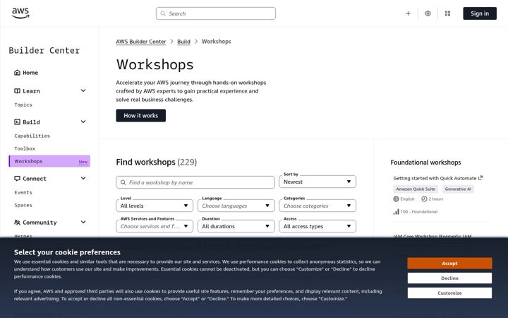 Screenshot of workshops.aws