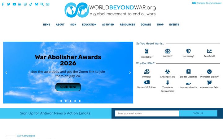 Screenshot of worldbeyondwar.org