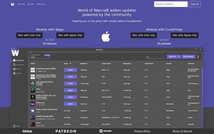 Screenshot of wowup.io