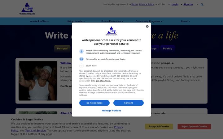 Screenshot of writeaprisoner.com