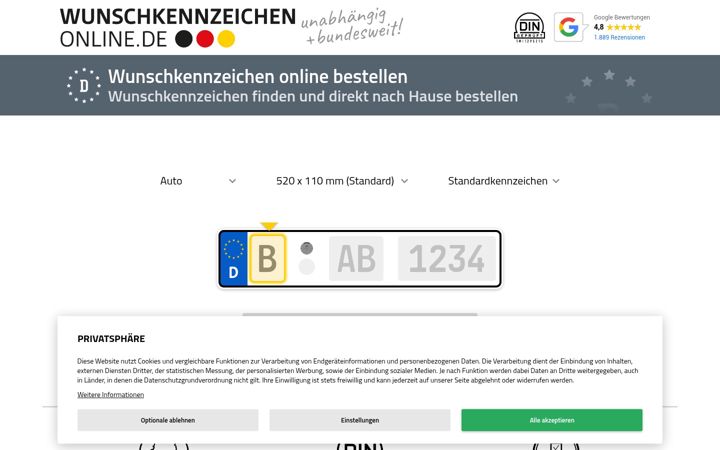 Screenshot of wunschkennzeichenonline.de