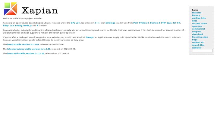 Skjámynd af xapian.org