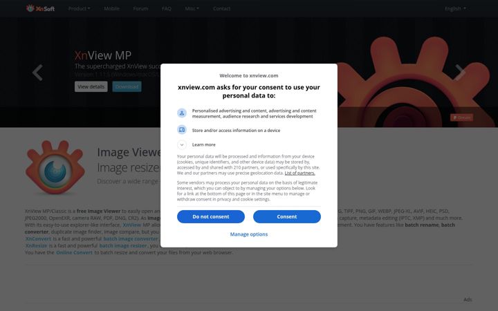 Captură de ecran a xnview.com