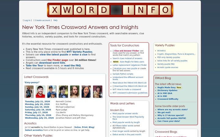 Screenshot of xwordinfo.com