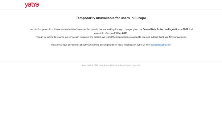 Екранна снимка на yatra.com