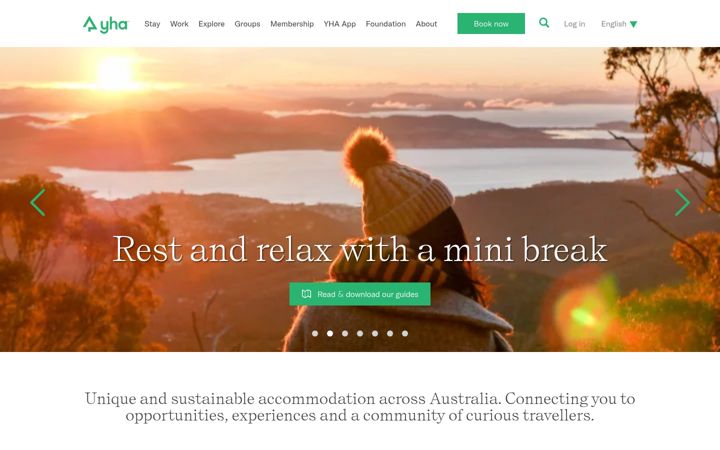 Captura de ecrã de yha.com.au