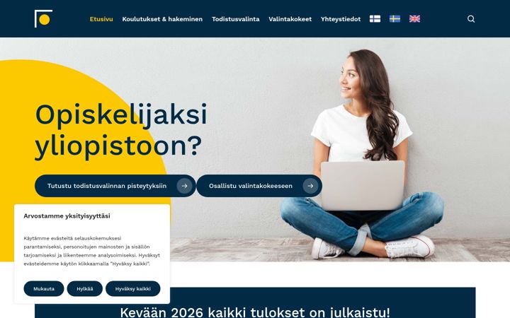 Screenshot of yliopistovalinnat.fi