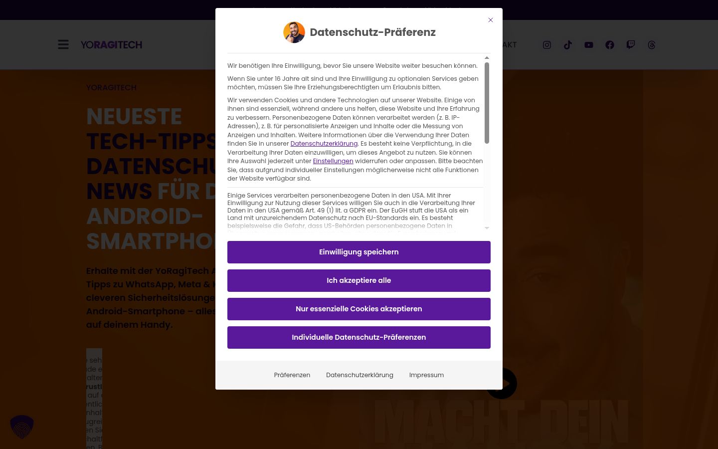Sutikimo reklamjuostės, rodytos prieš bet kokią sąveiką, ekrano kopija