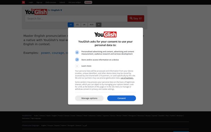 Screenshot ta' youglish.com