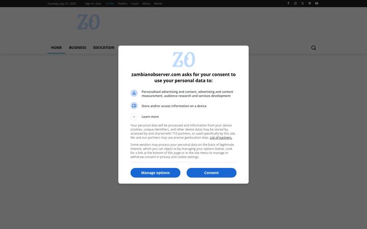Screenshot of zambianobserver.com