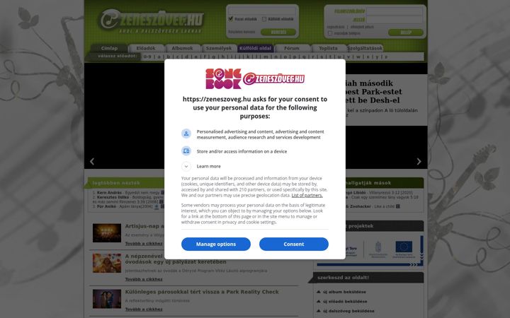 Screenshot of zeneszoveg.hu
