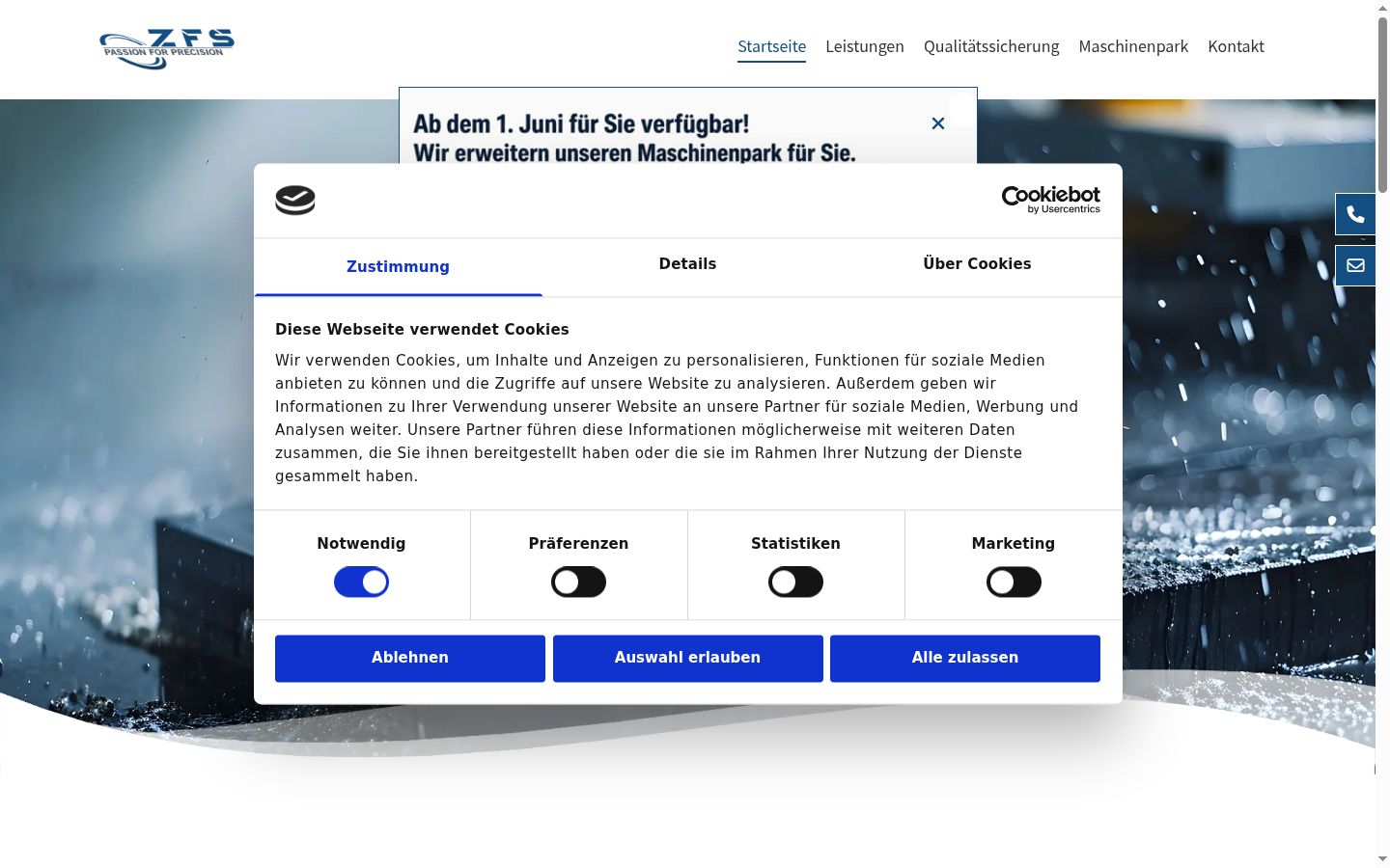 Screenshot des Einwilligungsbanners vor jeglicher Interaktion
