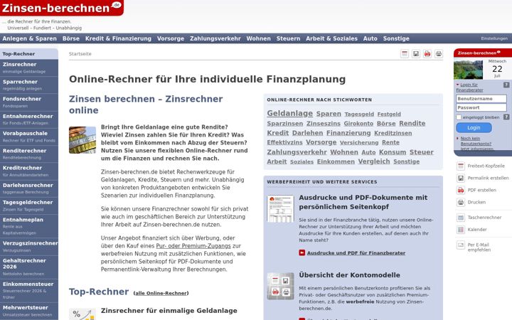 Screenshot di zinsen-berechnen.de