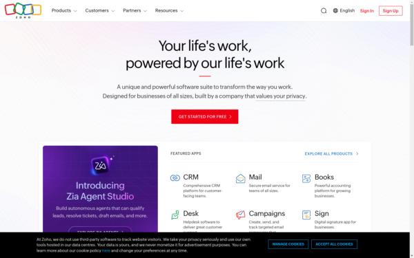 Screenshot of zoho.com