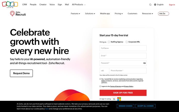 Screenshot of zohorecruit.eu