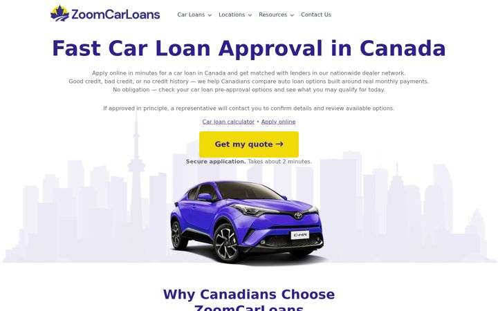 Snímek obrazovky zoomcarloans.ca