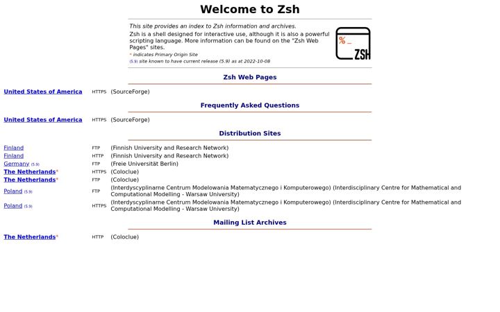 Screenshot of zsh.org