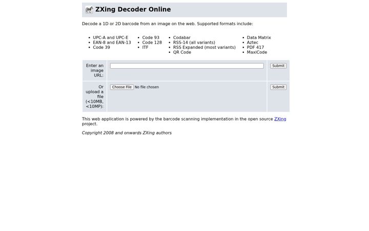 Screenshot of zxing.org