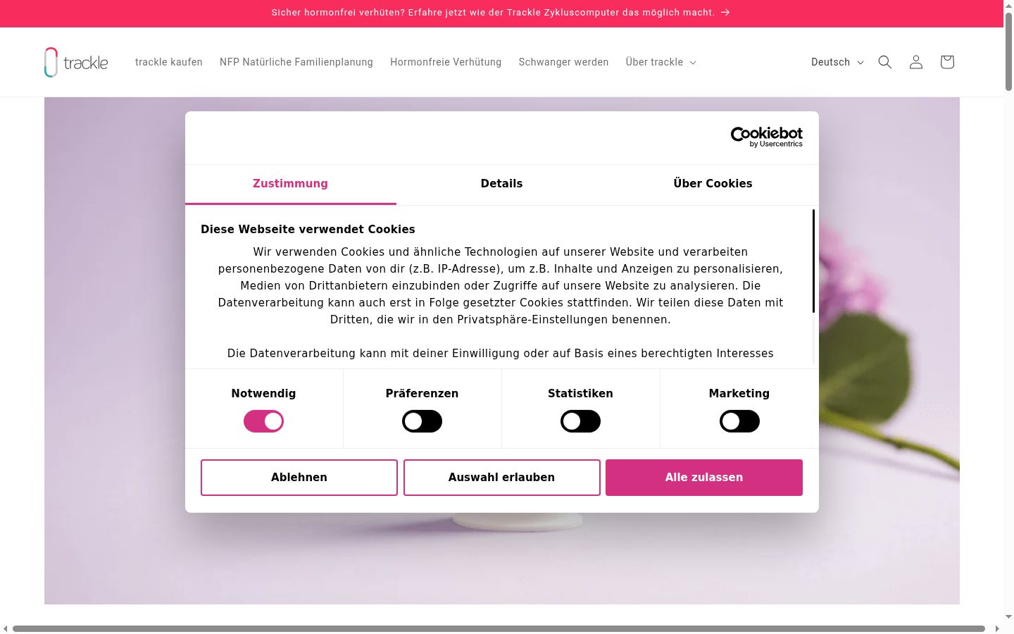 Screenshot del banner di consenso mostrato prima di qualsiasi interazione